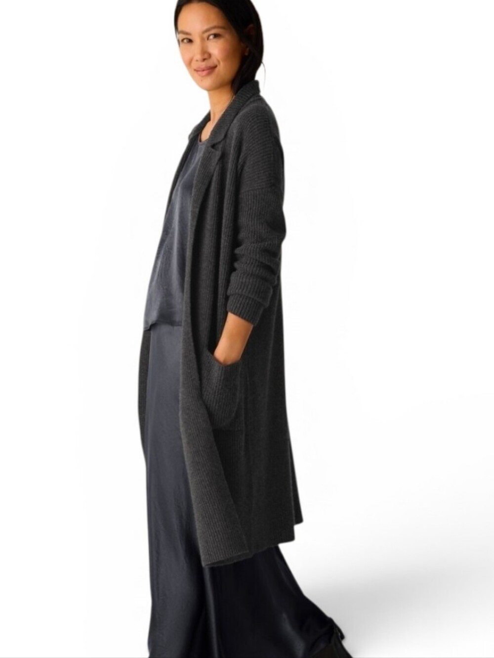 EILEEN FISHER Charcoal Gray Longline One Button Merino Wool Cardigan - Large